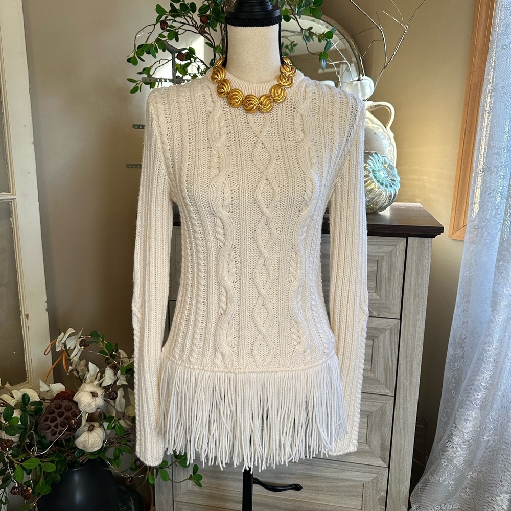 Tory Burch | Valero Fringe Hem Fisherman Sweater in Winter White - Picture 3 of 11
